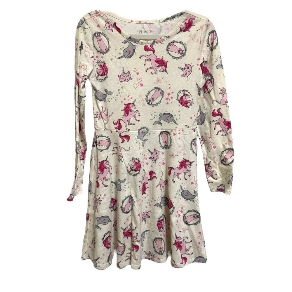 Children's Place Unicorn Caticorn Narwhal Llama Cats Dress Pink Off White‎ 7 8 - Picture 3 of 6